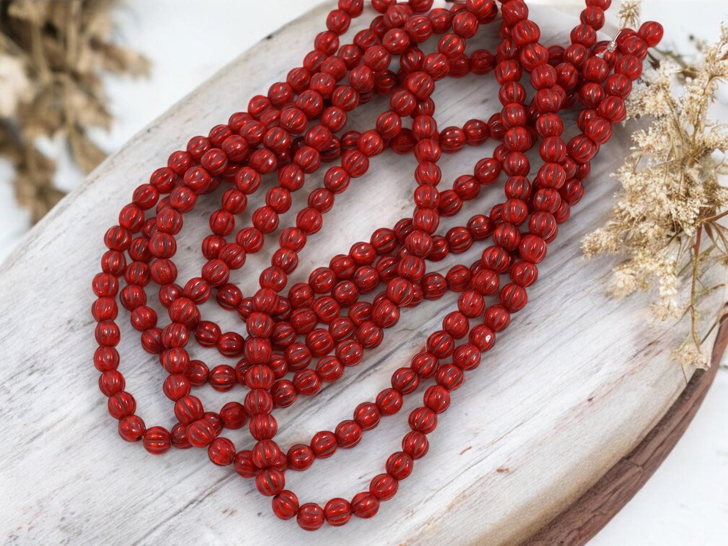 *50* 4mm Brown Washed Ladybug Red Round Melon Beads