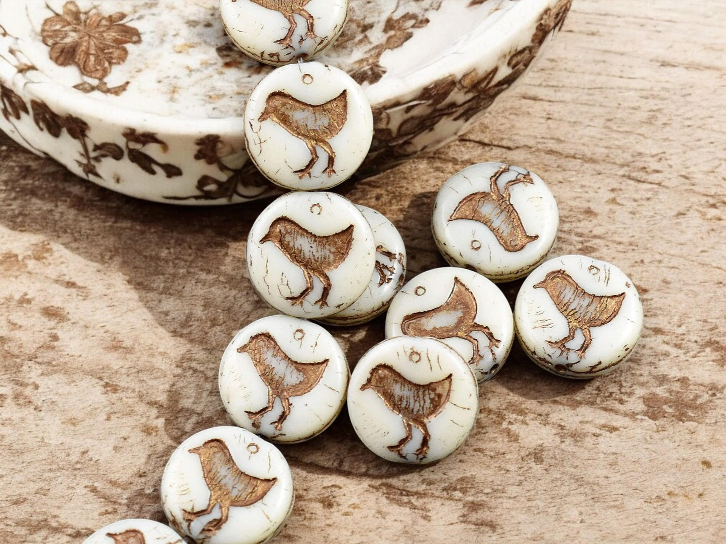 *15* 12mm Bronze Washed Opaque Beige Bird Coin Beads