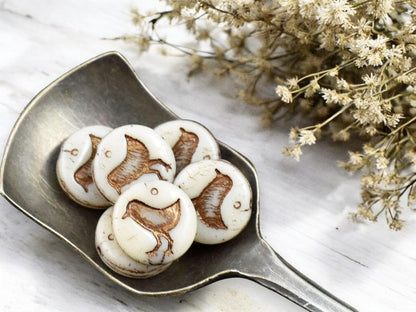 *15* 12mm Bronze Washed Opaque Beige Bird Coin Beads