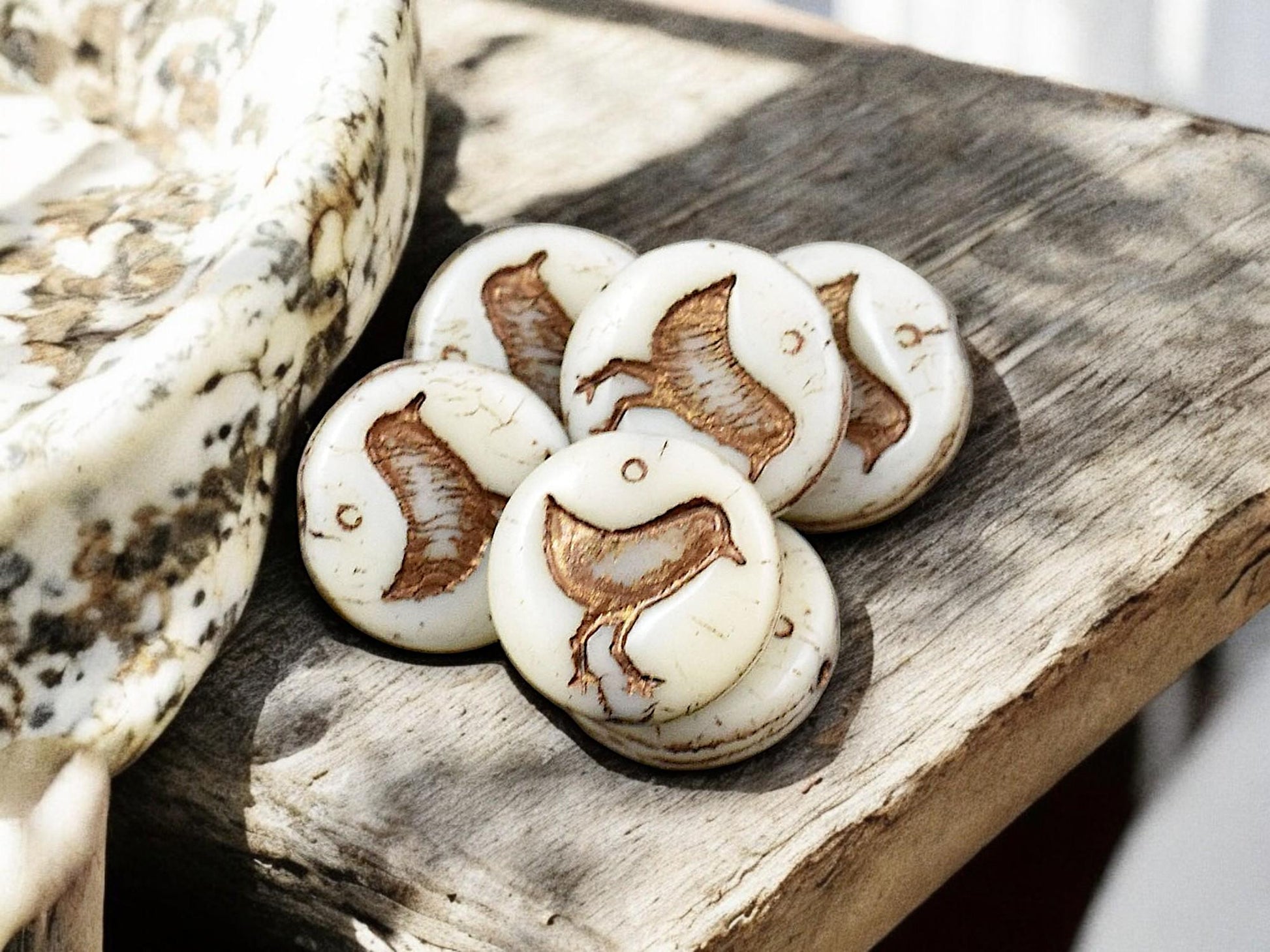 *15* 12mm Bronze Washed Opaque Beige Bird Coin Beads