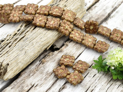 Czech Glass Beads - Flower Beads - Czech Glass Flowers - Picasso Beads - Square Flowers - 11mm Flower - 13pcs - (513)