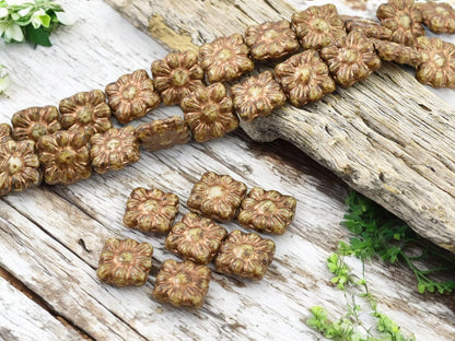 Czech Glass Beads - Flower Beads - Czech Glass Flowers - Picasso Beads - Square Flowers - 11mm Flower - 13pcs - (513)