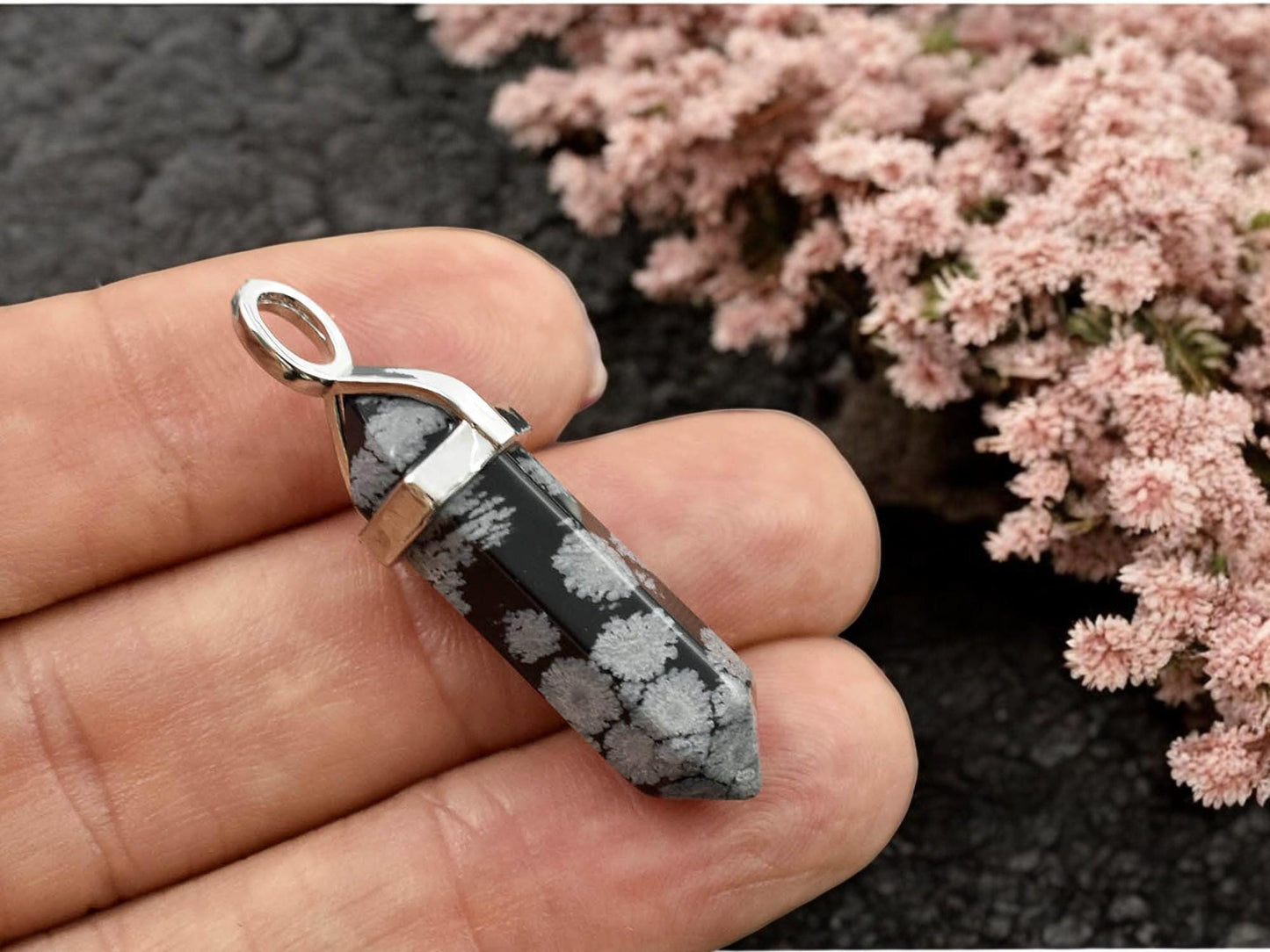 40mm Platinum Tone Natural Snowflake Obsidian Double Terminated Bullet Pendant