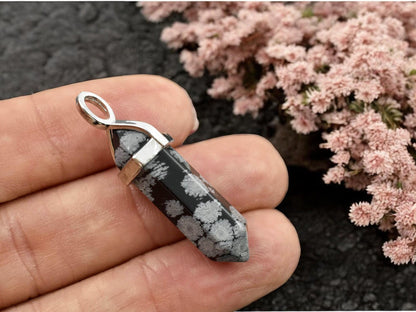 40mm Platinum Tone Natural Snowflake Obsidian Double Terminated Bullet Pendant