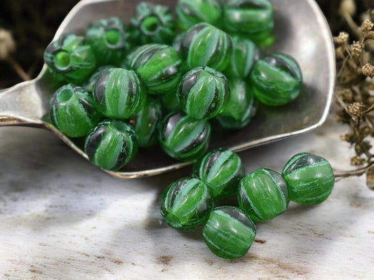 *25* 6mm Green Washed Emerald Large Hole Melon Beads