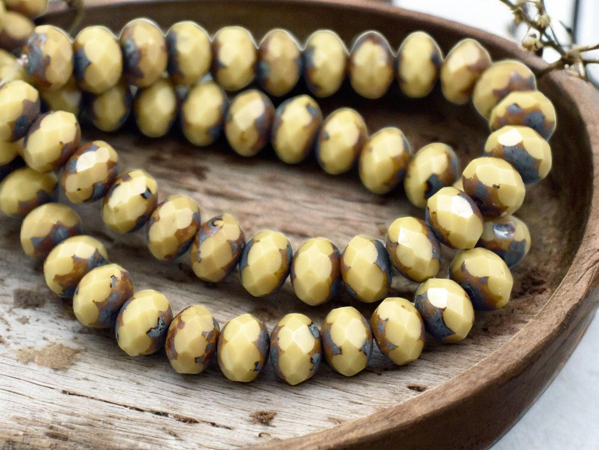 *25* 6x8mm Opaque Camel Beige Picasso Fire Polished Rondelle Beads