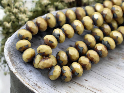 *25* 6x8mm Opaque Camel Beige Picasso Fire Polished Rondelle Beads