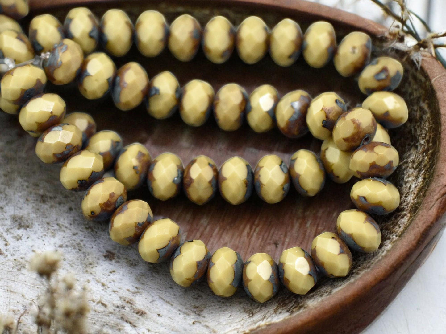 *25* 6x8mm Opaque Camel Beige Picasso Fire Polished Rondelle Beads