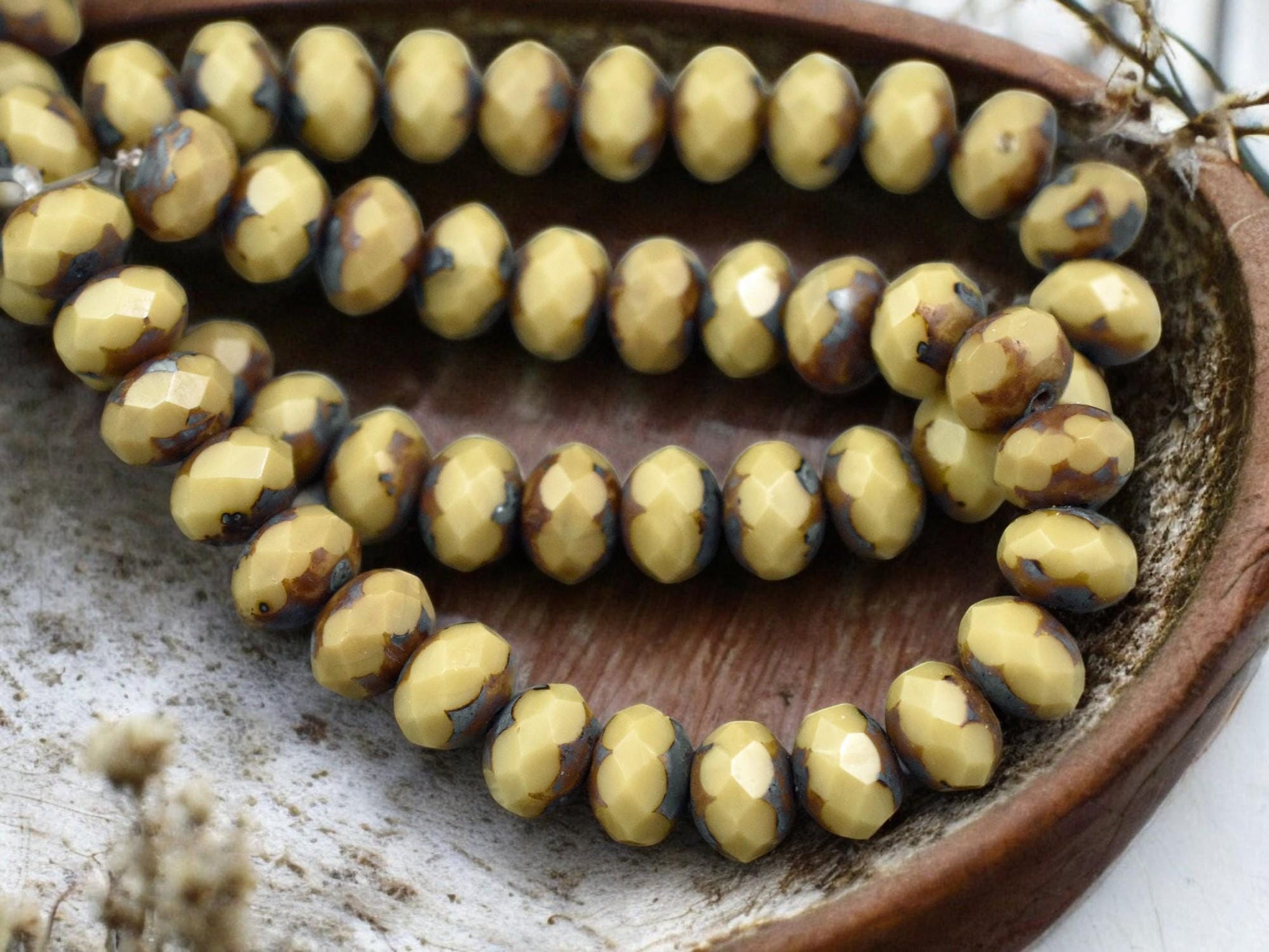 *25* 6x8mm Opaque Camel Beige Picasso Fire Polished Rondelle Beads