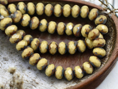 *25* 6x8mm Opaque Camel Beige Picasso Fire Polished Rondelle Beads