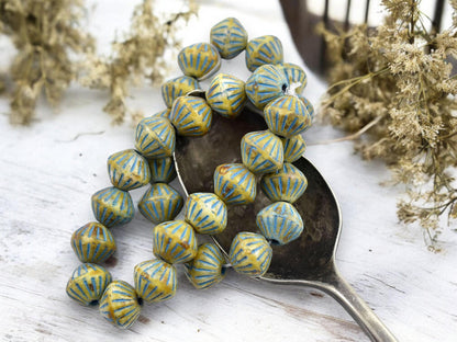 *15* 9mm Turquoise Washed Matte Honey Beige Picasso Large Hole Bicone Beads