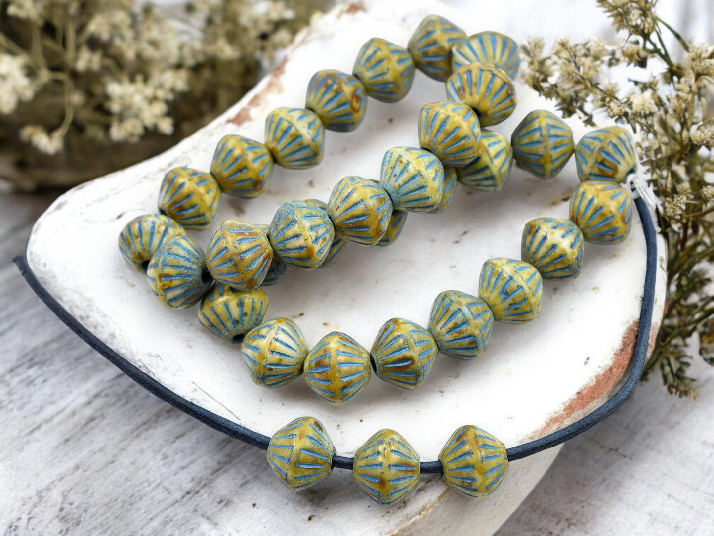 *15* 9mm Turquoise Washed Matte Honey Beige Picasso Large Hole Bicone Beads