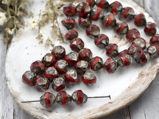 Picasso Beads - Czech Glass Beads - Central Cut Beads - Round Beads - Czech Beads - Red Opal - 9mm - 15pcs - (1013)