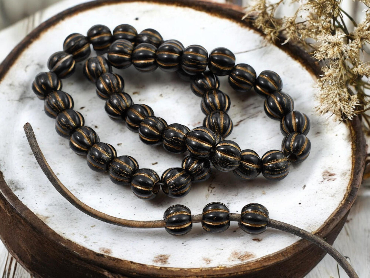 *20* 8mm Brown Washed Jet Black Large Hole Melon Beads