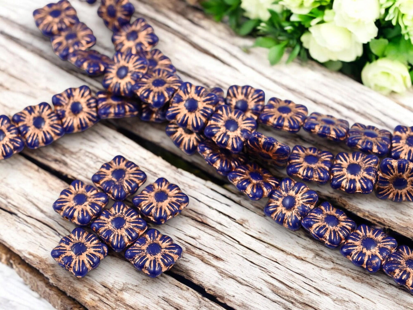 Picasso Beads - Czech Glass Beads - Flower Beads - Czech Glass Flowers - Square Flowers - 11mm Flower - 13pcs - (4353)