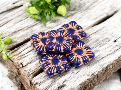 Picasso Beads - Czech Glass Beads - Flower Beads - Czech Glass Flowers - Square Flowers - 11mm Flower - 13pcs - (4353)