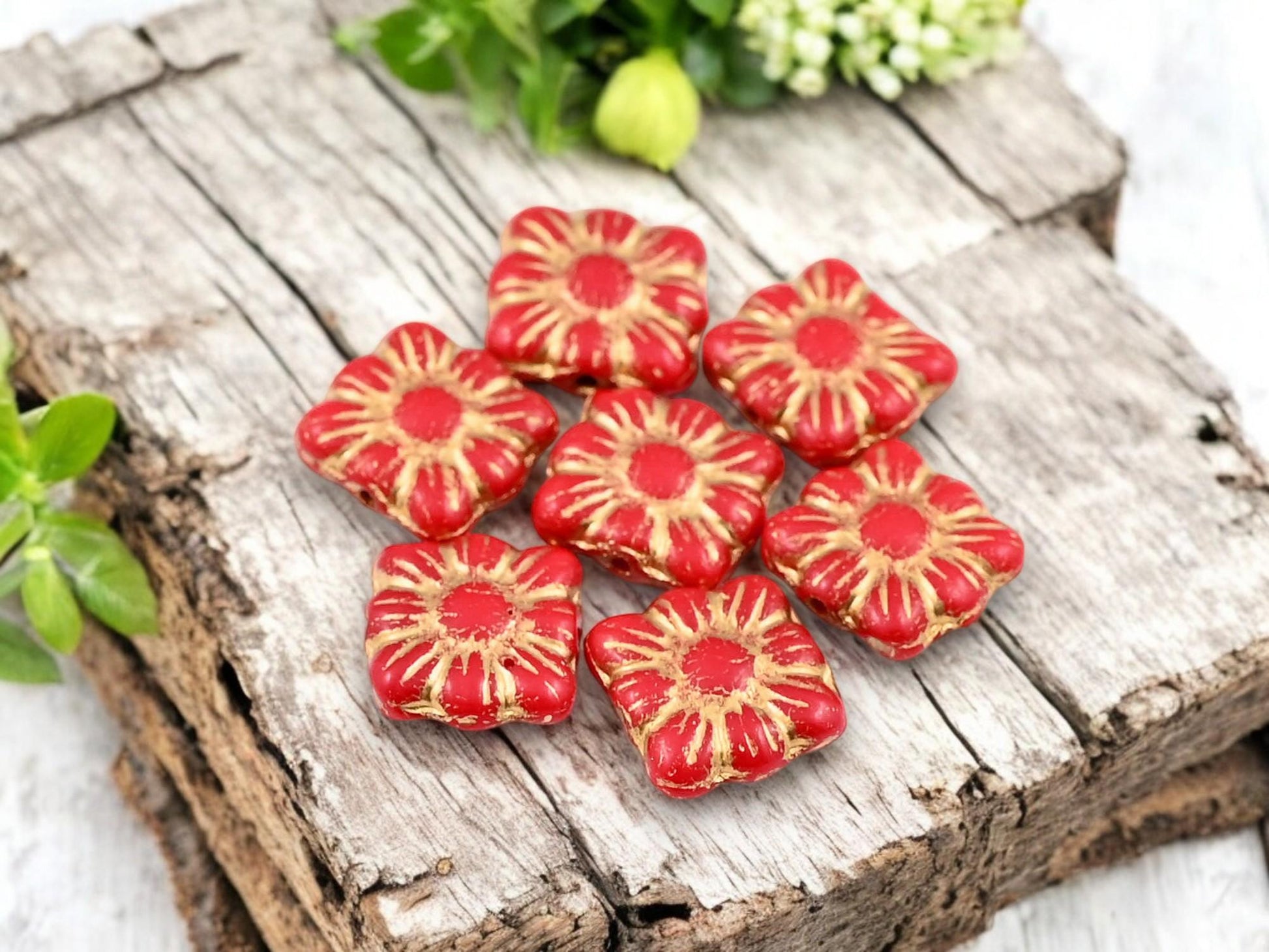 Picasso Beads - Czech Glass Beads - Flower Beads - Czech Glass Flowers - Square Flowers - 11mm Flower - 13pcs - (5108)