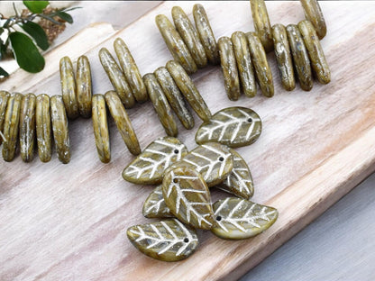 *25* 15x9mm Silver Washed Sandy Beige Opaline Top Hole Leaf Beads