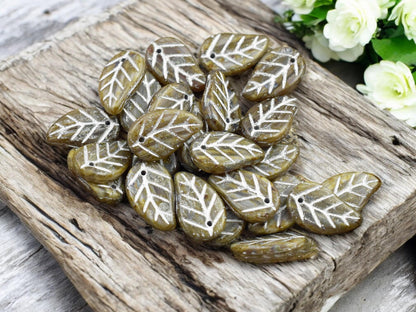 *25* 15x9mm Silver Washed Sandy Beige Opaline Top Hole Leaf Beads