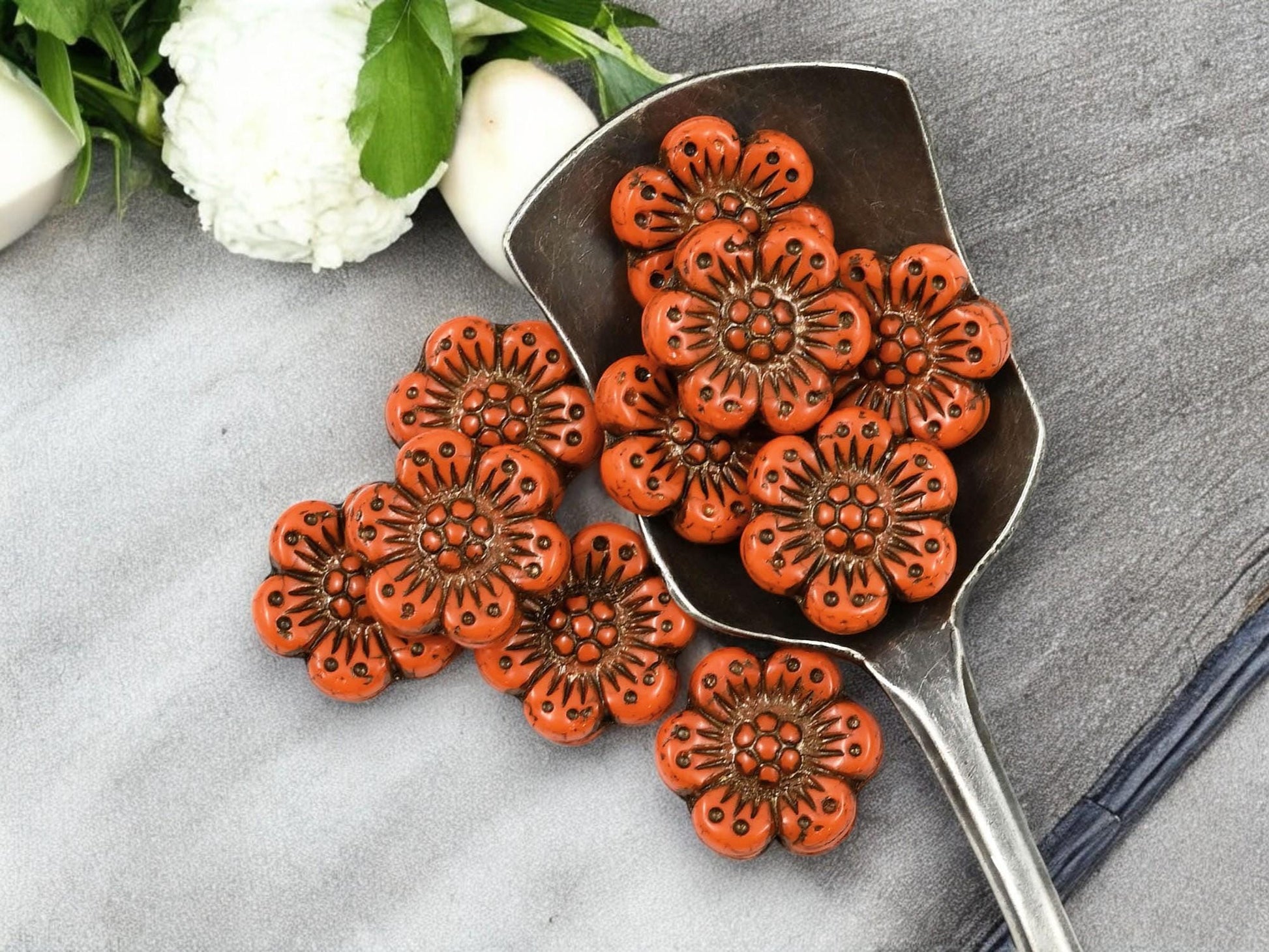 Czech Glass Beads - 14mm Flower Beads - Picasso Beads - Wild Flower Beads - Orange Flowers - 14mm - 12pcs - (6179)