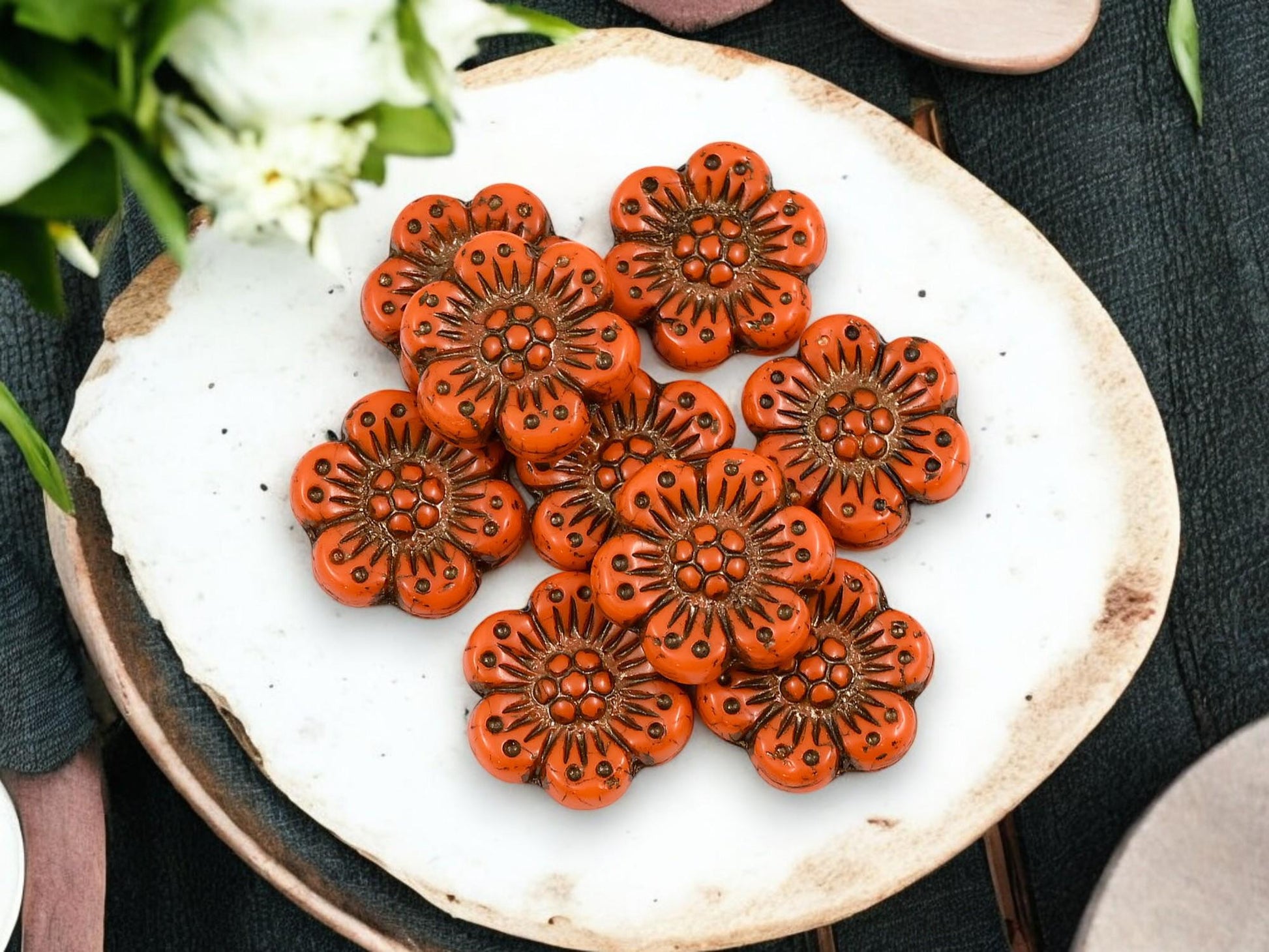 Czech Glass Beads - 14mm Flower Beads - Picasso Beads - Wild Flower Beads - Orange Flowers - 14mm - 12pcs - (6179)
