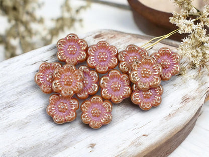 Czech Glass Beads - 14mm Flower Beads - Picasso Beads - Wild Flower Beads - Pink Flower Beads - 14mm - 12pcs - (B852)