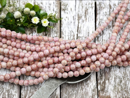 Czech Glass Beads - Picasso Beads - Pink Beads - Druk Beads - Round Beads - Full Strand - 6mm - 50pcs - (403)