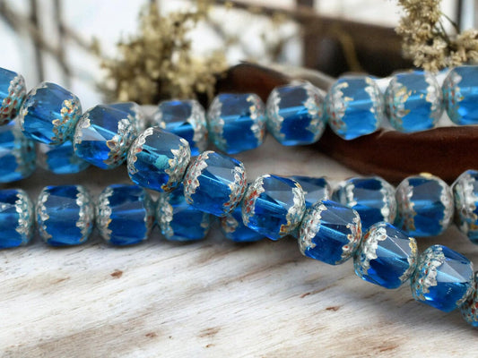*12* 10mm Aquamarine Picasso Fire Polished Cathedral Beads