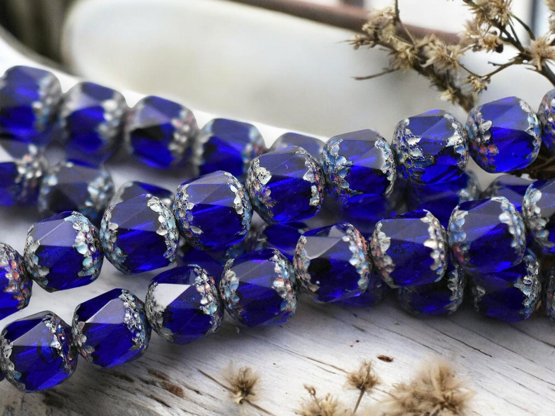 *12* 10mm Cobalt Picasso Fire Polished Cathedral Beads