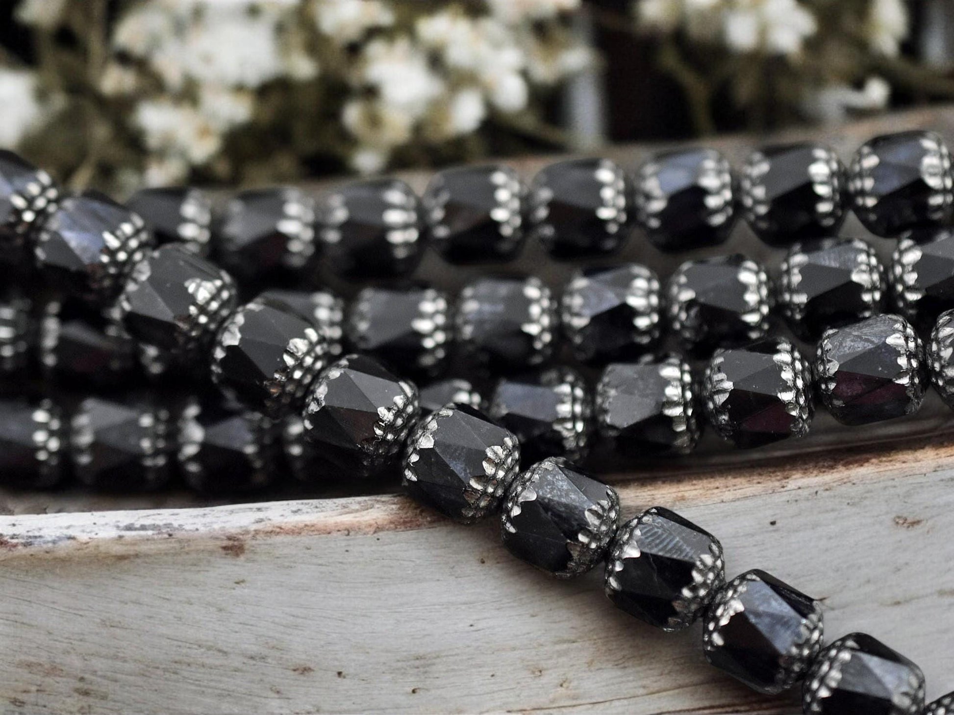 *12* 10mm Silver Washed Jet Fire Polished Cathedral Beads