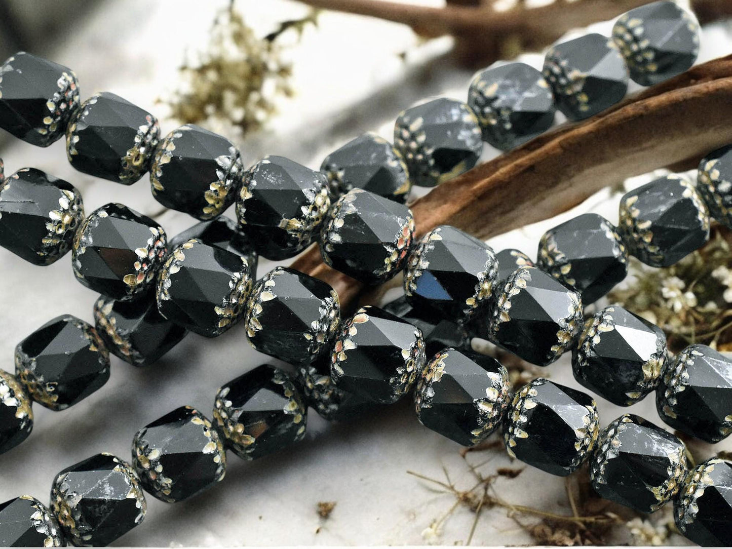 *12* 10mm Jet Black Luster Picasso Fire Polished Cathedral Beads