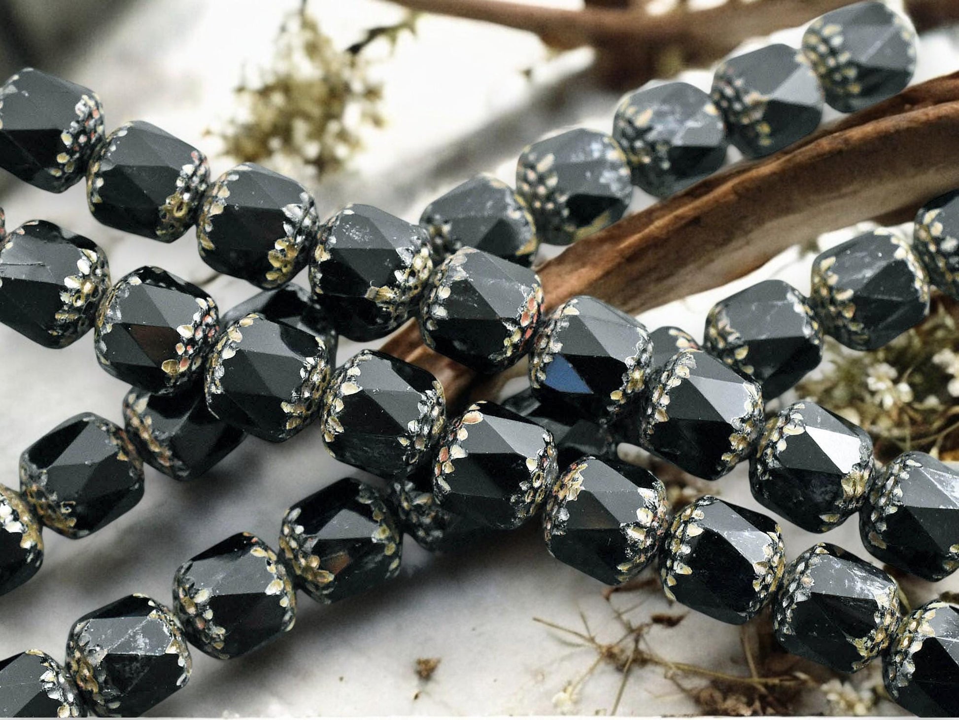 *12* 10mm Jet Black Luster Picasso Fire Polished Cathedral Beads