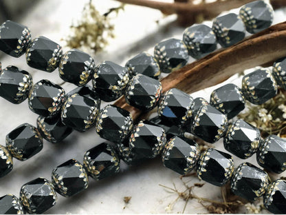 *12* 10mm Jet Black Luster Picasso Fire Polished Cathedral Beads