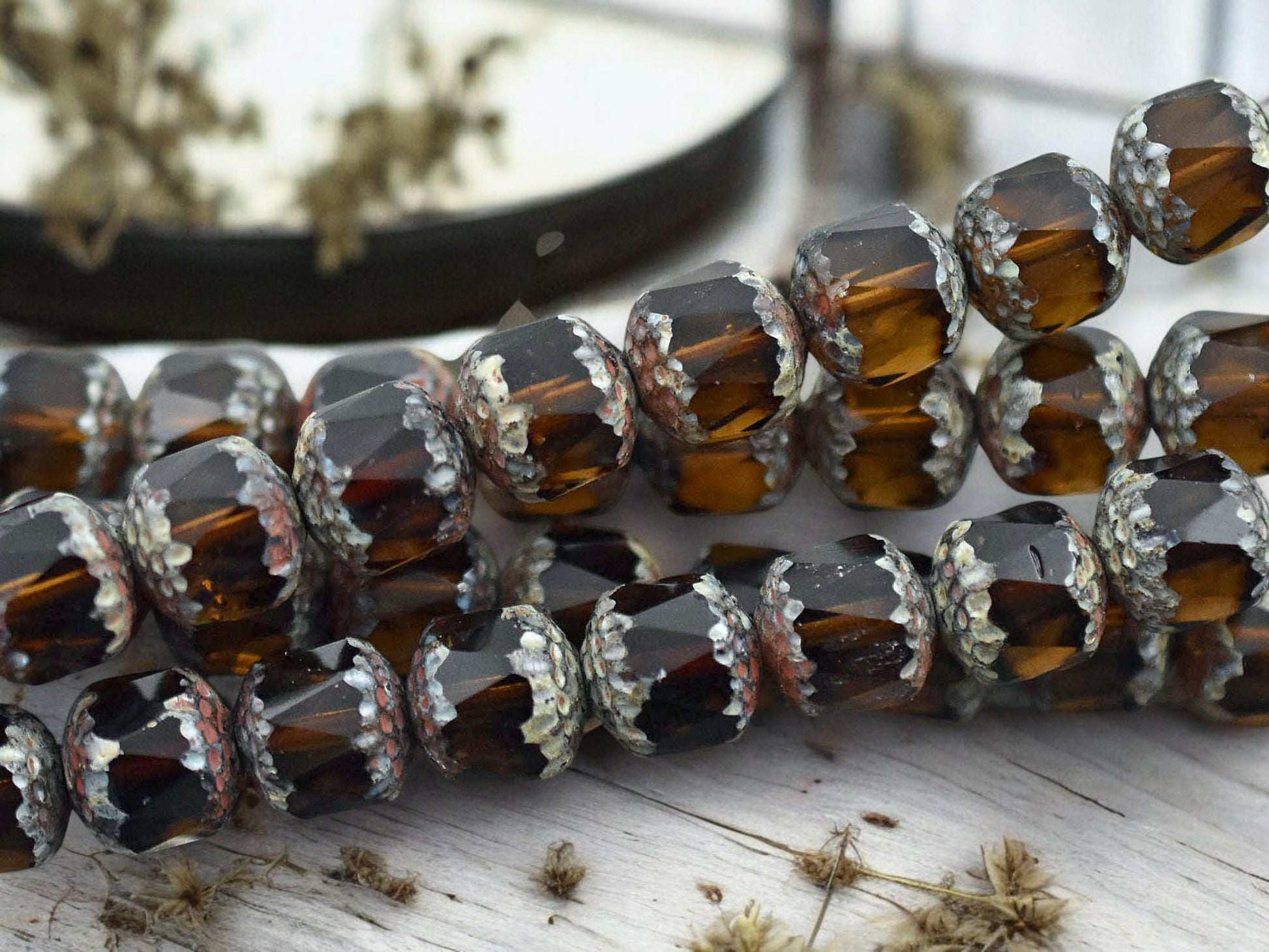 *12* 10mm Topaz Picasso Fire Polished Cathedral Beads