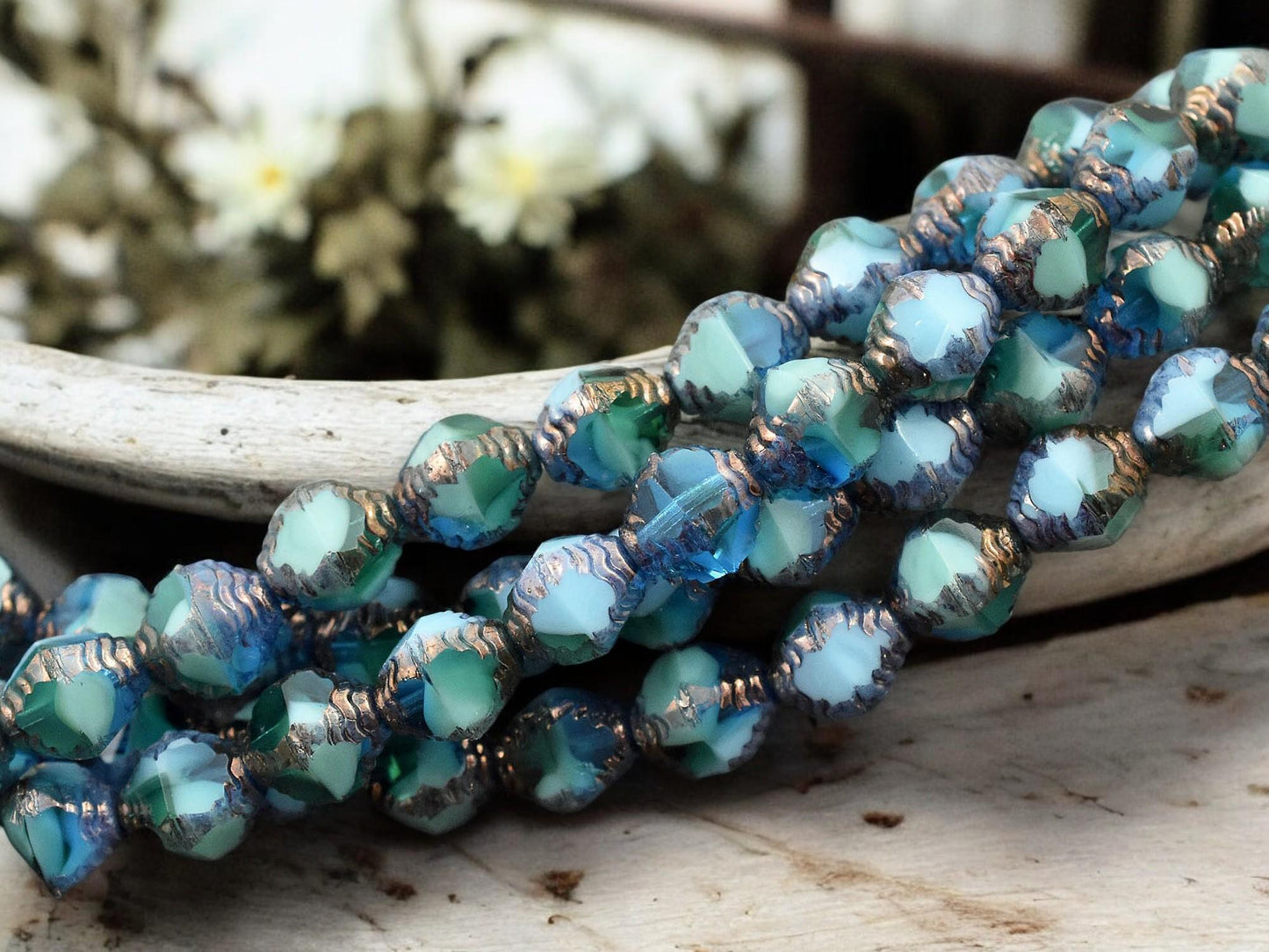 *15* 8x10mm Bronze Washed Caribbean Turquoise Faceted Bicone Beads