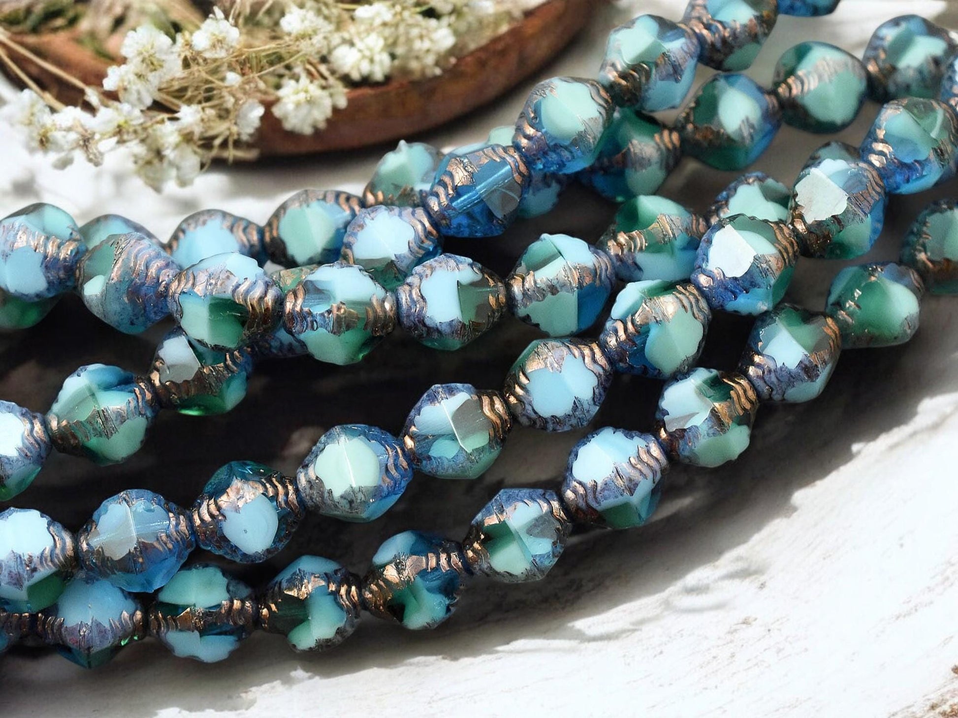 *15* 8x10mm Bronze Washed Caribbean Turquoise Faceted Bicone Beads