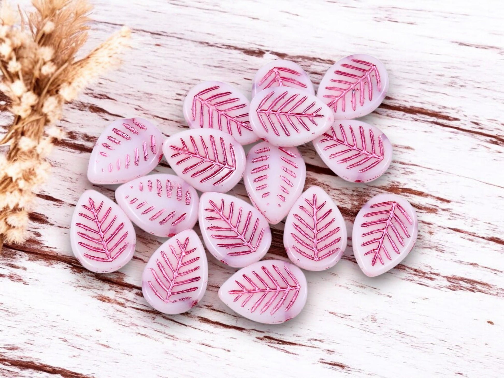 *15* 16x12mm Pink Washed Alabaster Top Drilled Dogwood Leaf Beads