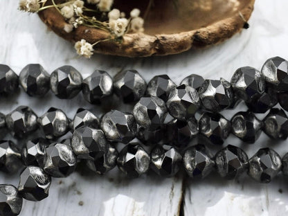 *15* 8mm Silver Washed Jet Black Central Cut Round Beads