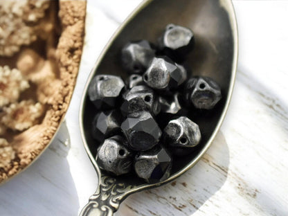 *15* 8mm Silver Washed Jet Black Central Cut Round Beads