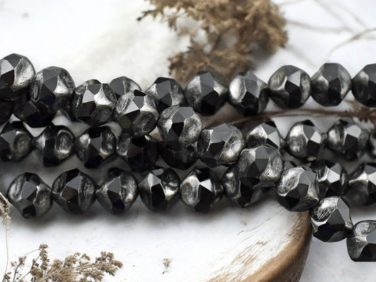 *15* 8mm Silver Washed Jet Black Central Cut Round Beads