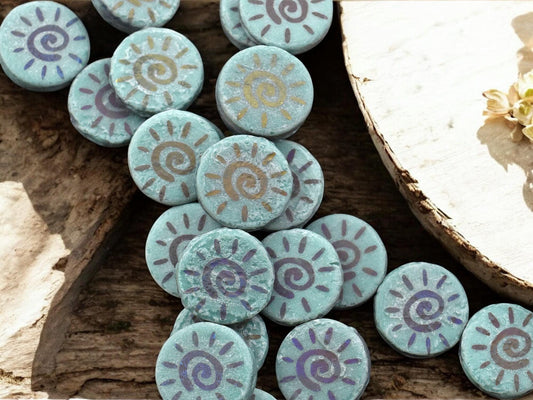 *8* 14mm Acid Etched Opaque Dark Turquoise Sliperit Laser Tattoo Sun Coin Beads