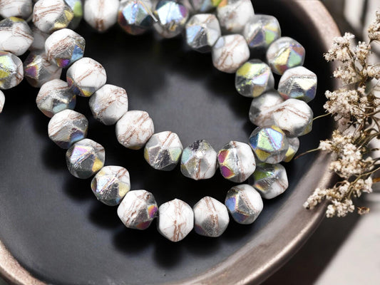 Metallic Beige Washed Alabaster White AB Antique Cut Round Beads -- Choose Your Size