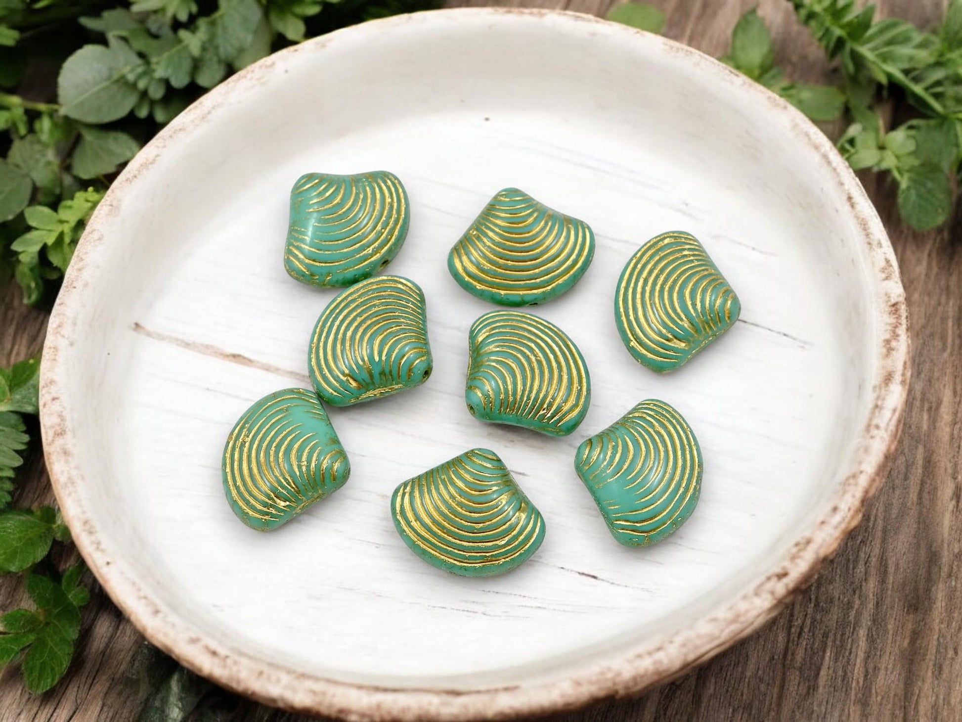 *8* 15x18mm Gold Washed Opaque Turquoise Sea Shell Beads