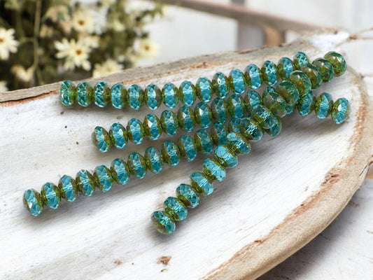 Aquamarine Picasso Firepolished Rondelle Beads -- Choose Your Size