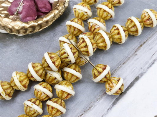 *4* 12x15mm Opaque White Picasso Rounded Fire Polish Center Cut Beads