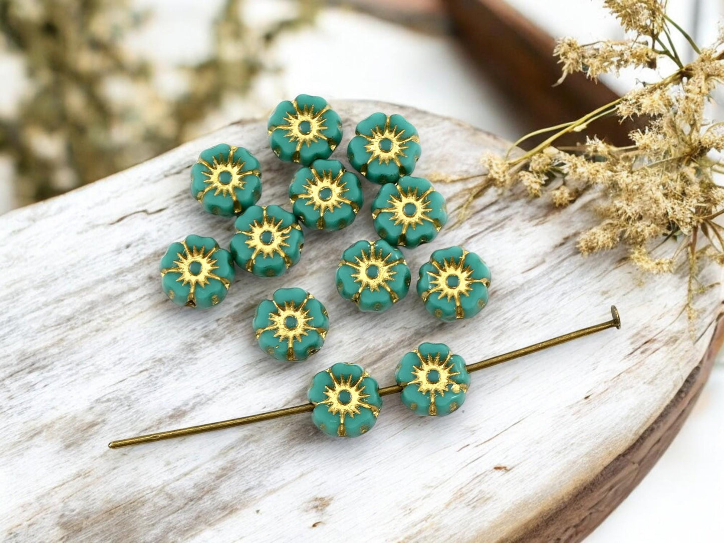 Czech Glass Beads - Floral Beads - Picasso Beads - Czech Glass Flowers - 7mm Hawaiian Flower Beads - 12pcs - (499)