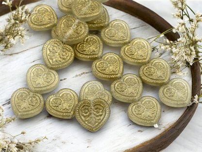 Heart Beads - Czech Glass Beads - Gold Beads - Floral Beads - 17mm - 6pcs - (2416)