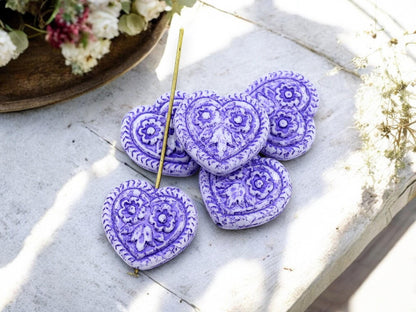 Heart Beads - Czech Glass Beads - Floral Heart Beads - Purple Beads - 17mm - 6pcs - (1205)