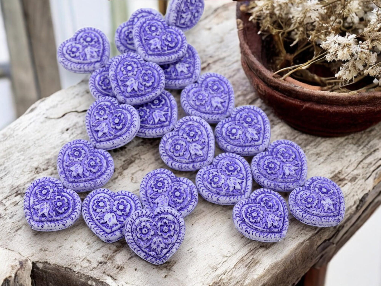 Heart Beads - Czech Glass Beads - Floral Heart Beads - Purple Beads - 17mm - 6pcs - (1205)
