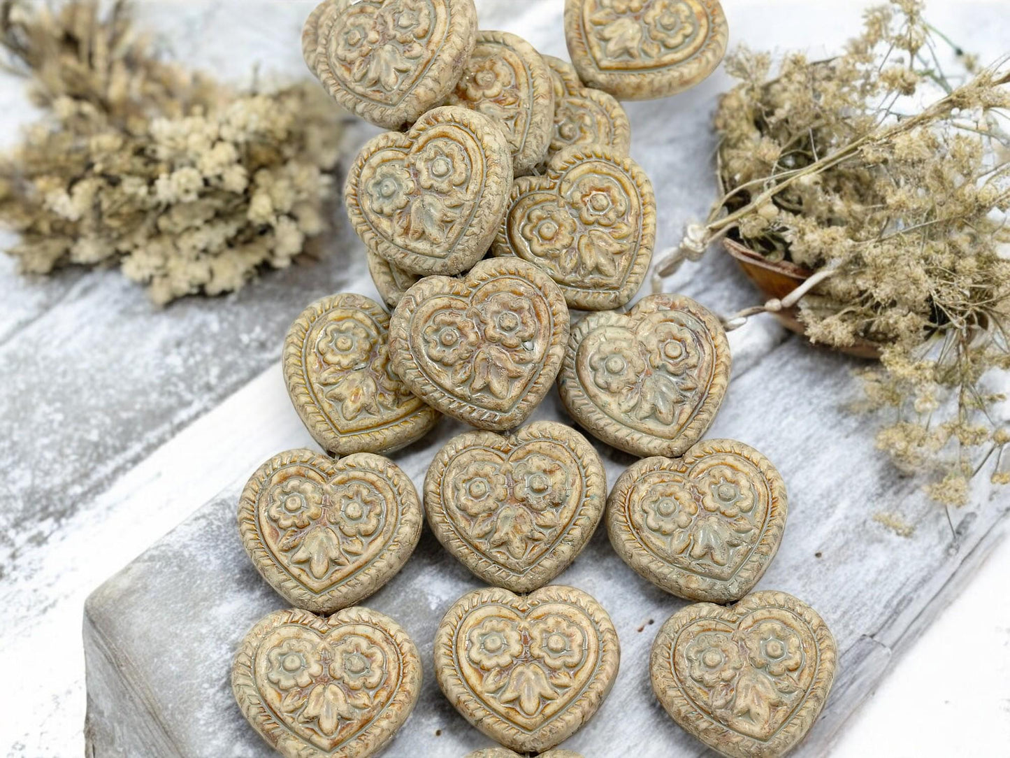 Picasso Beads - Heart Beads - Czech Glass Beads - Gold Beads - Floral Beads - 17mm - 6pcs - (3583)